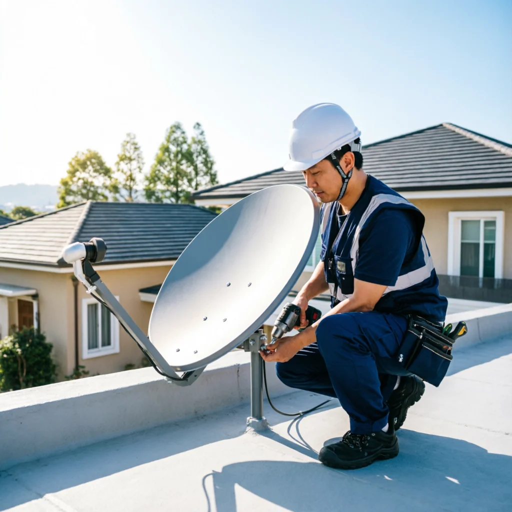 Técnico instalando antena satelital